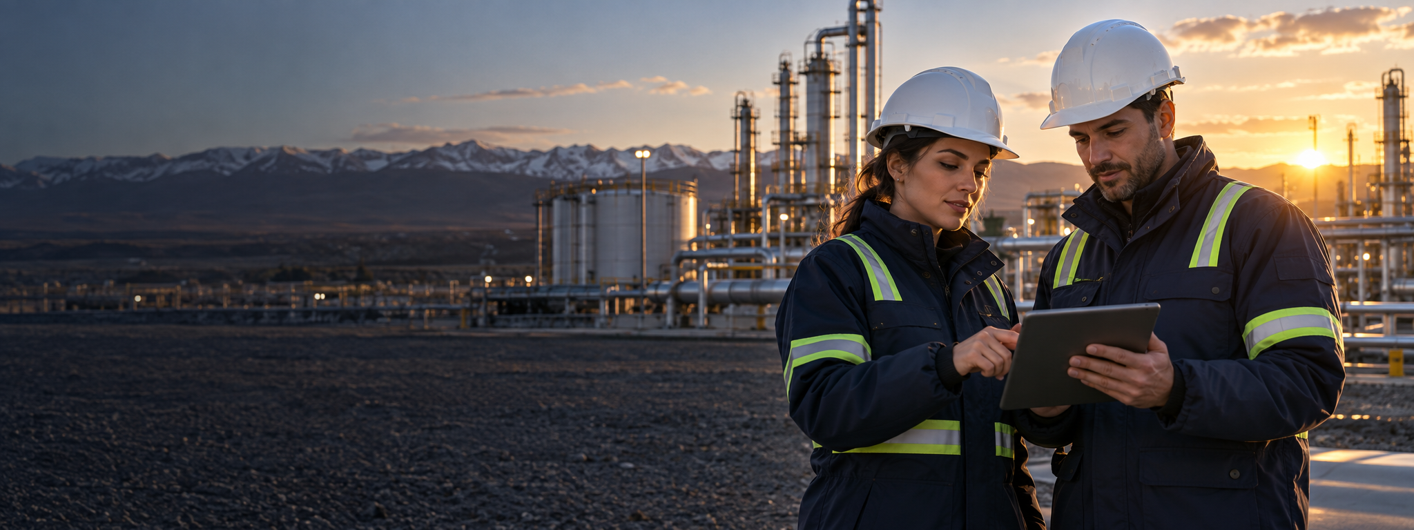 Profesionales de petróleo y gas usando inglés técnico en su trabajo
